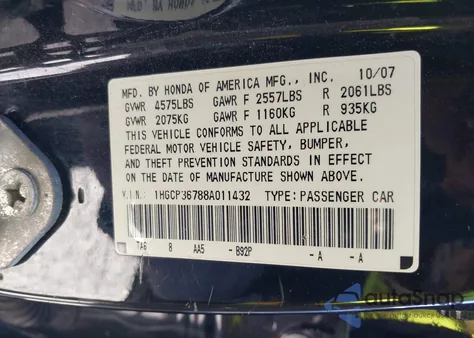 2008 Honda Accord 3.5 Ex z USA, uszkodzony, nr VIN 1HGCP36788A011432
